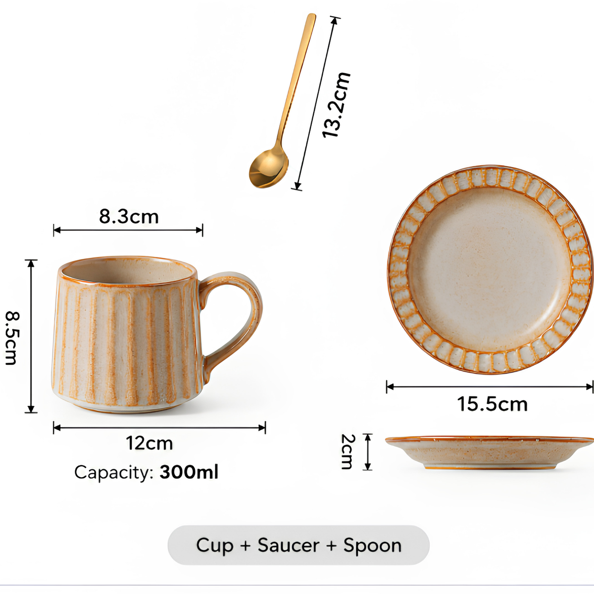 Grey Ribbed Ceramic Mug With Saucer