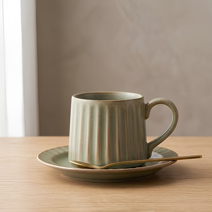 Grey Ribbed Ceramic Mug With Saucer