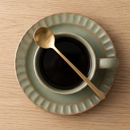 Grey Ribbed Ceramic Mug With Saucer