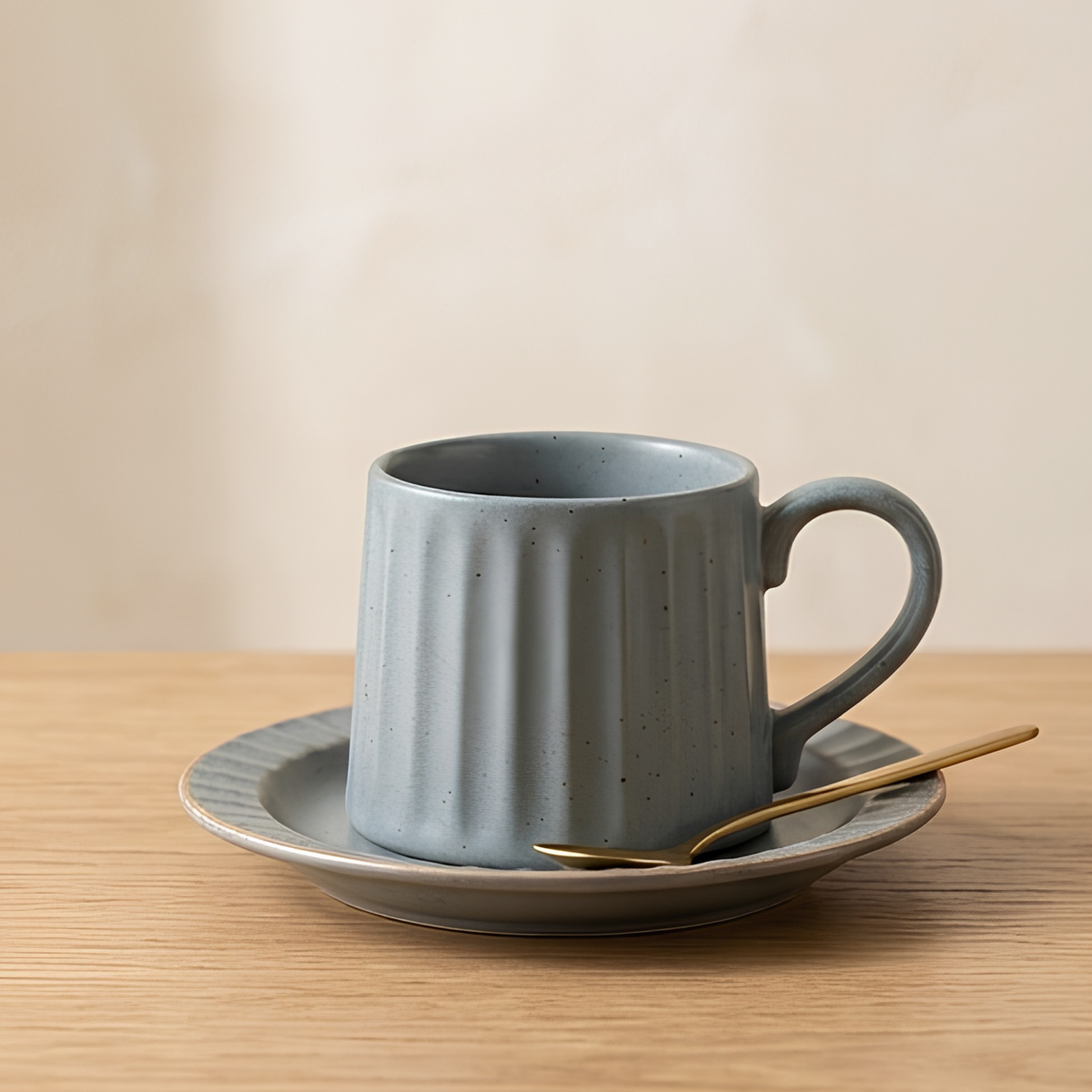 Grey Ribbed Ceramic Mug With Saucer