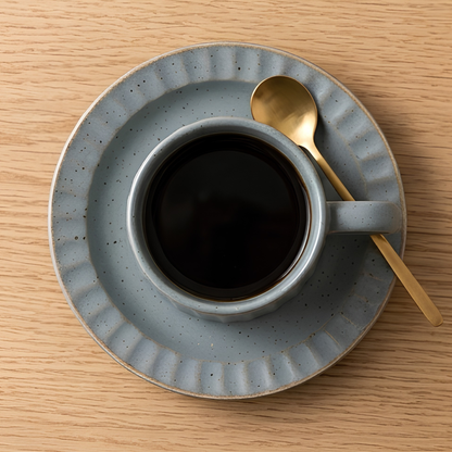 Grey Ribbed Ceramic Mug With Saucer