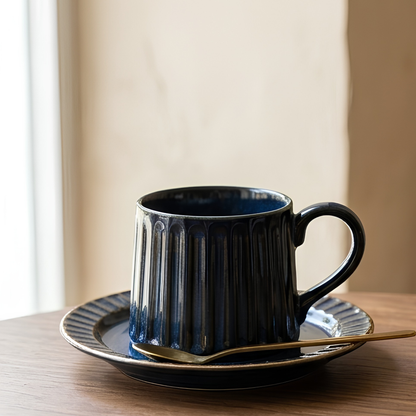 Grey Ribbed Ceramic Mug With Saucer
