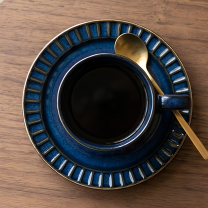 Grey Ribbed Ceramic Mug With Saucer