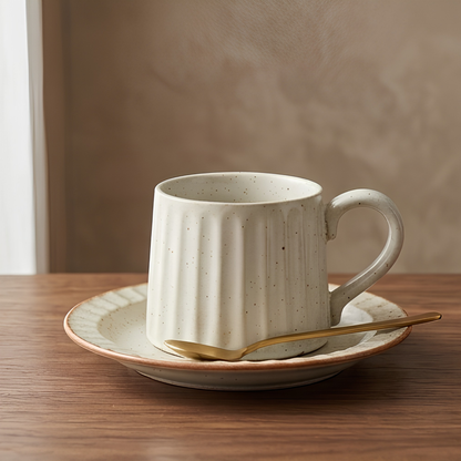 Grey Ribbed Ceramic Mug With Saucer