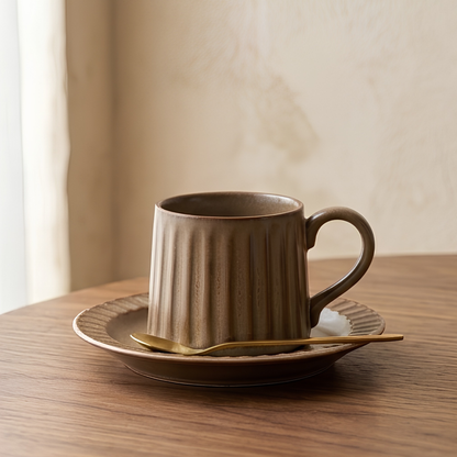 Grey Ribbed Ceramic Mug With Saucer