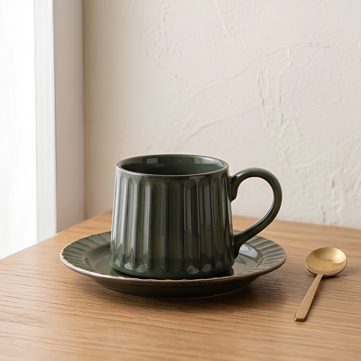 Grey Ribbed Ceramic Mug With Saucer