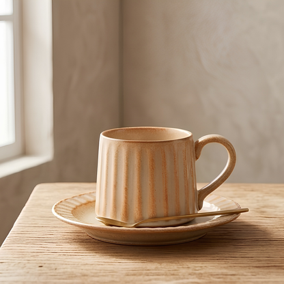 Grey Ribbed Ceramic Mug With Saucer
