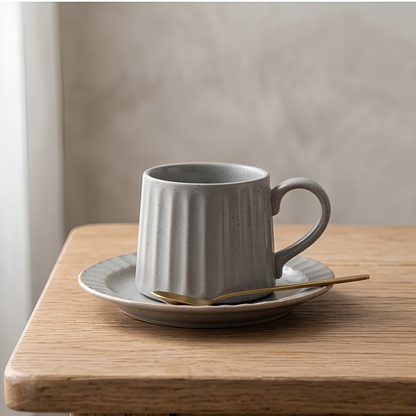 Grey Ribbed Ceramic Mug With Saucer