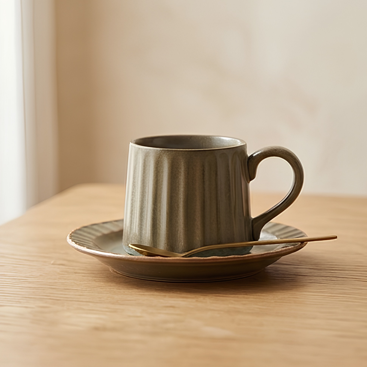 Grey Ribbed Ceramic Mug With Saucer