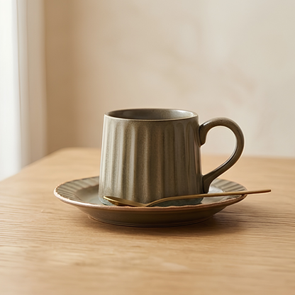 Grey Ribbed Ceramic Mug With Saucer