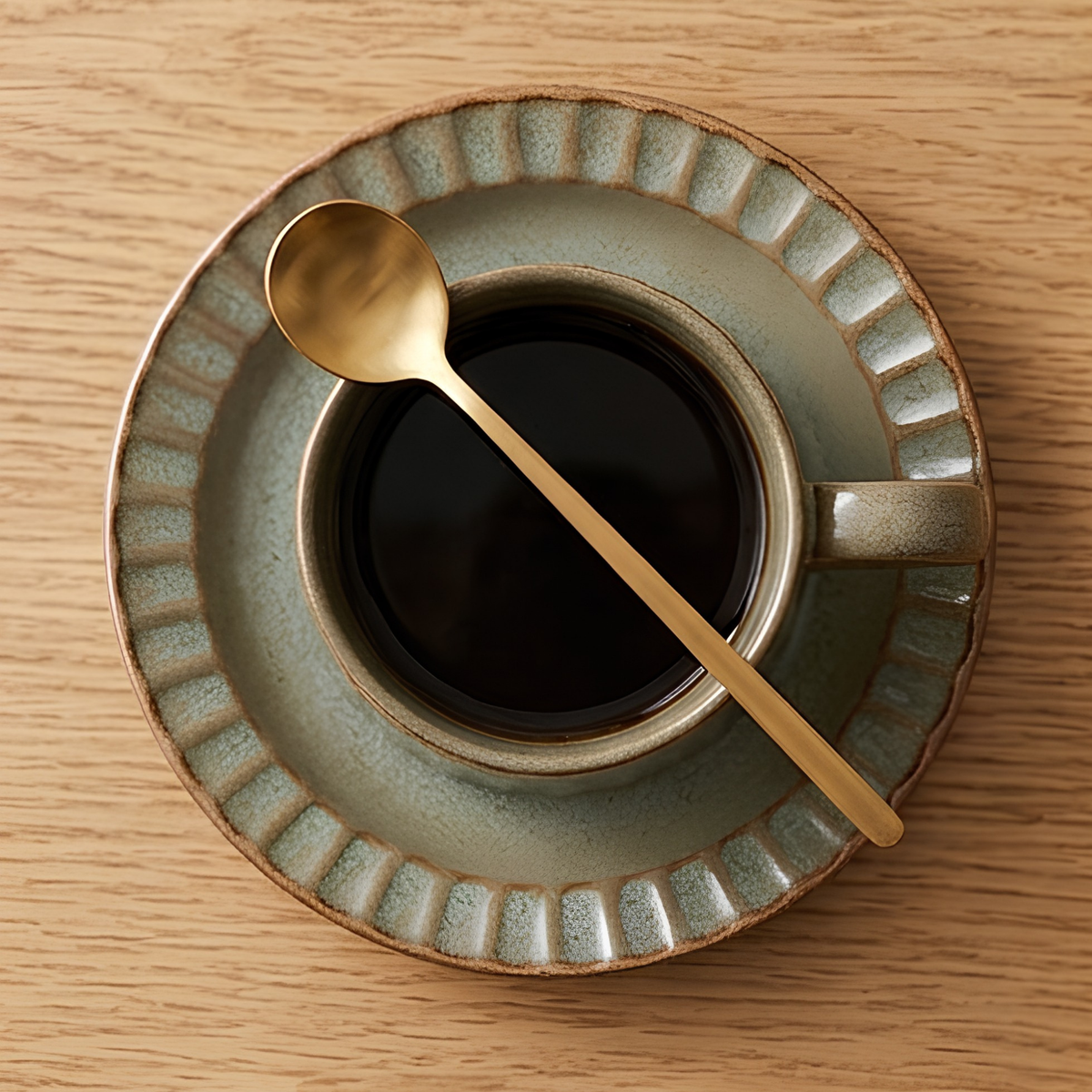 Grey Ribbed Ceramic Mug With Saucer