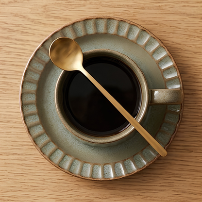 Grey Ribbed Ceramic Mug With Saucer