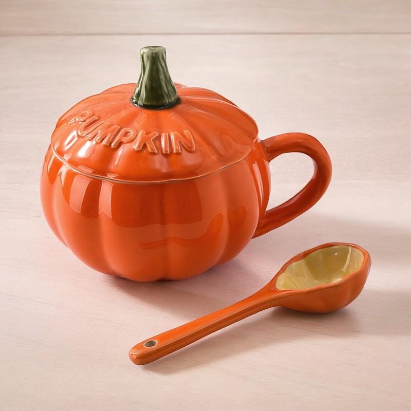 Pumpkin Ceramic Mug with Lid and Spoon