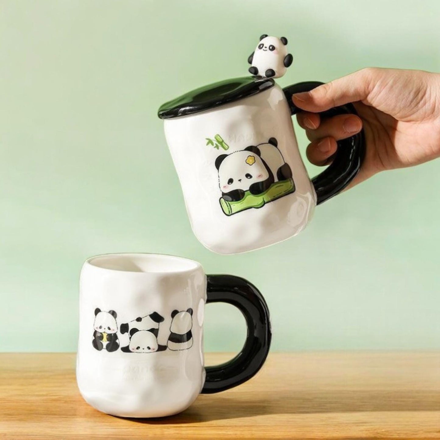 Panda Ceramic Mug With Lid and Spoon