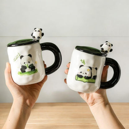 Panda Ceramic Mug With Lid and Spoon