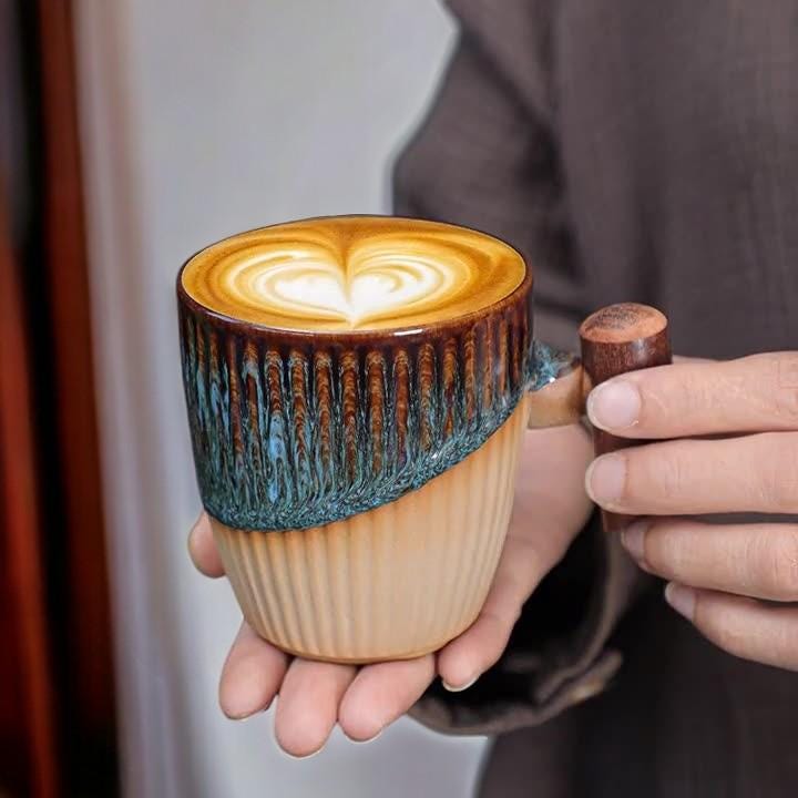 Stoneware Coffee Cup with Wooden Handle