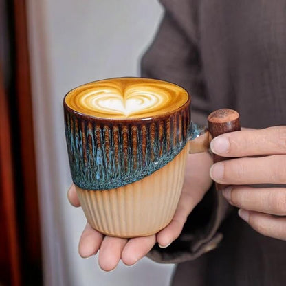 Stoneware Coffee Cup with Wooden Handle