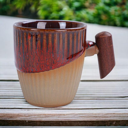 Stoneware Coffee Cup with Wooden Handle