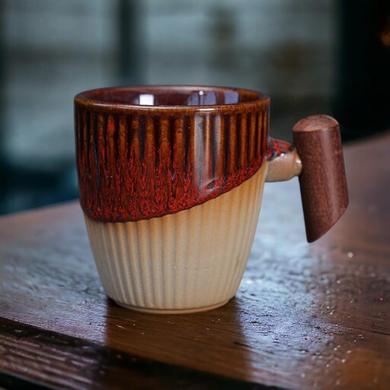 Stoneware Coffee Cup with Wooden Handle