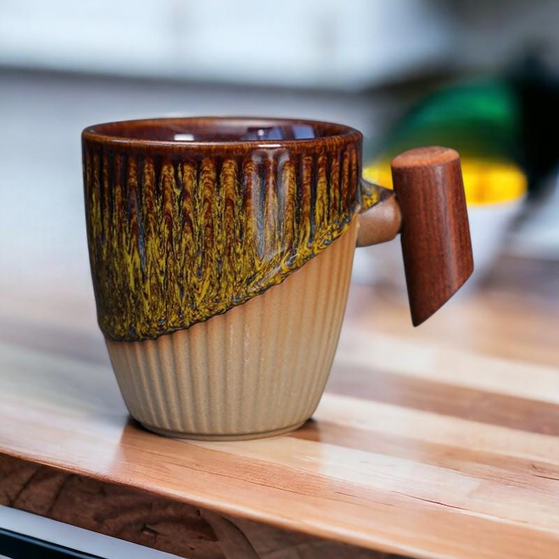 Stoneware Coffee Cup with Wooden Handle