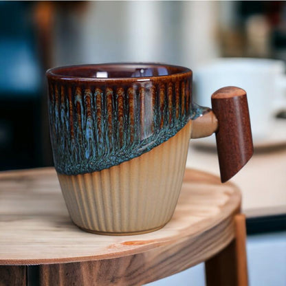 Stoneware Coffee Cup with Wooden Handle