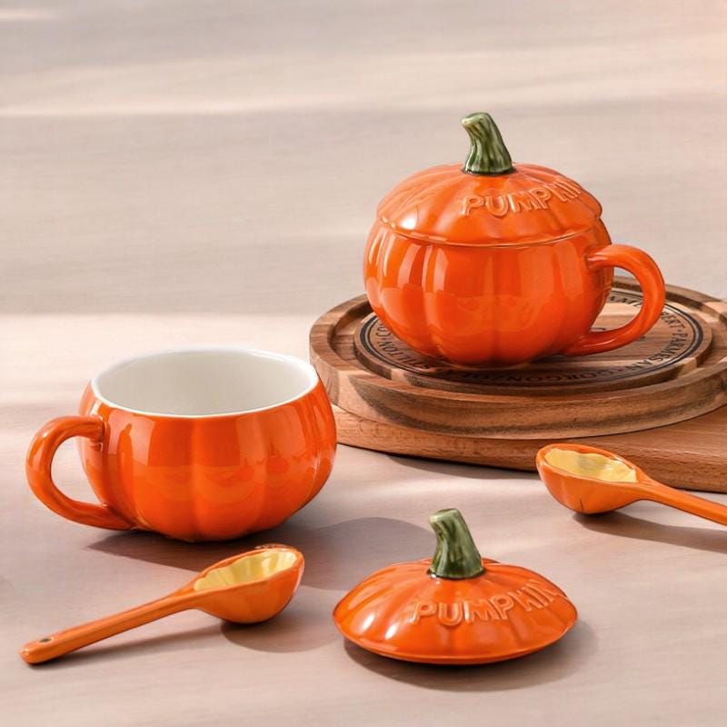 Pumpkin Ceramic Mug with Lid and Spoon