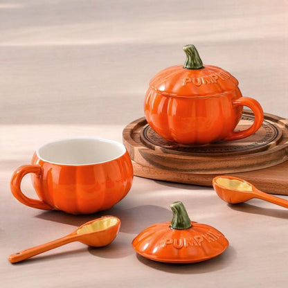 Pumpkin Ceramic Mug with Lid and Spoon