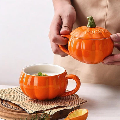Pumpkin Ceramic Mug with Lid and Spoon