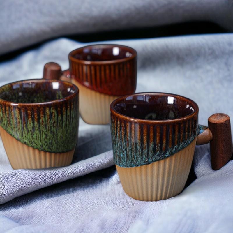 Stoneware Coffee Cup with Wooden Handle