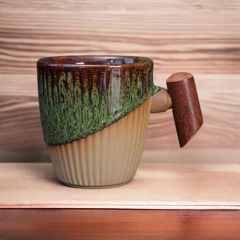 Stoneware Coffee Cup with Wooden Handle